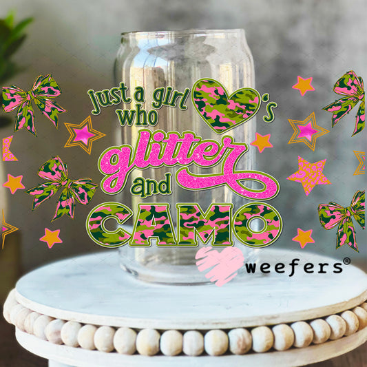 Just a Girl Who Love's Glitter and Camo UV DTF Cup Wrap - Weefers Exclusive 16oz Libbey Glass Original Size Weefers
