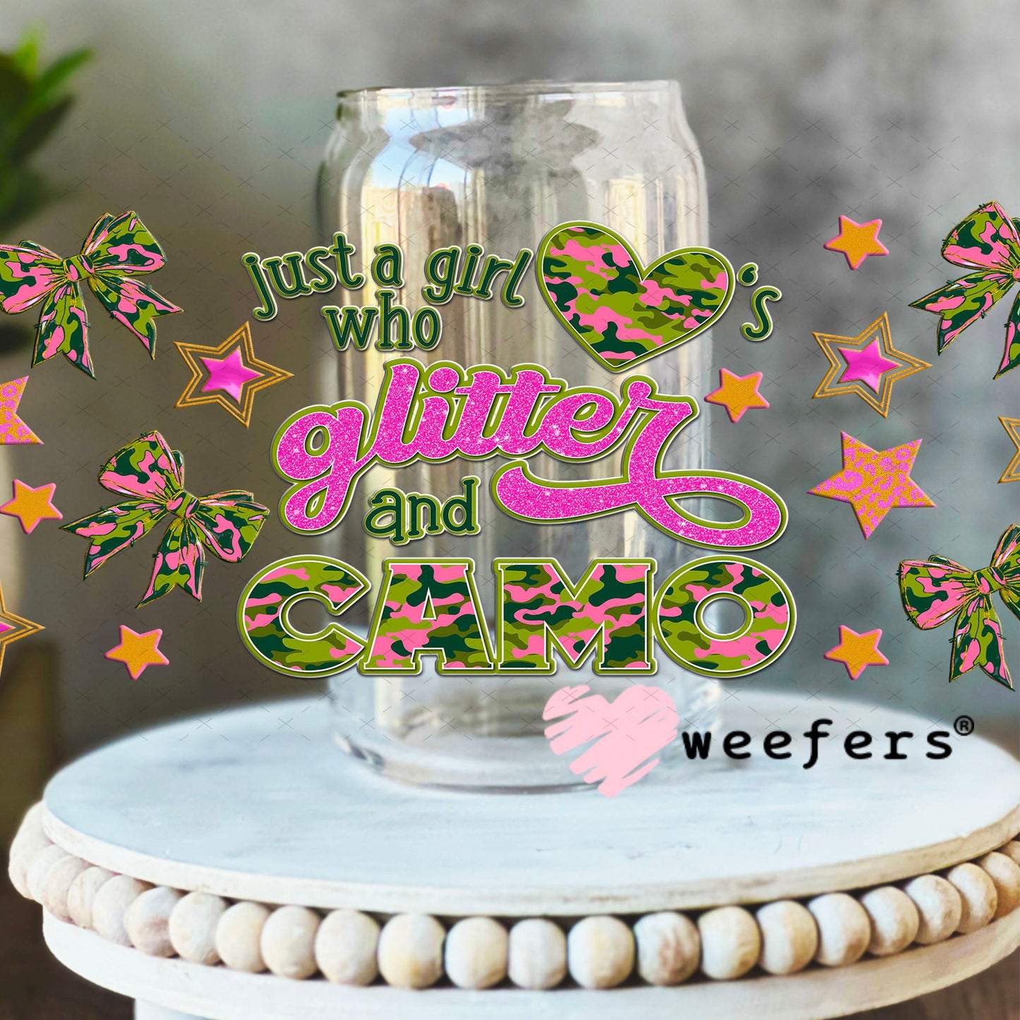 Just a Girl Who Love's Glitter and Camo UV DTF Cup Wrap - Weefers® Exclusive 16oz Libbey Glass Original Size Cup Wrap Weefers