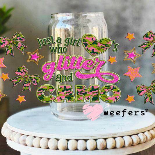 Just a Girl Who Love's Glitter and Camo UV DTF Cup Wrap - Weefers® Exclusive 16oz Libbey Glass Original Size Cup Wrap Weefers