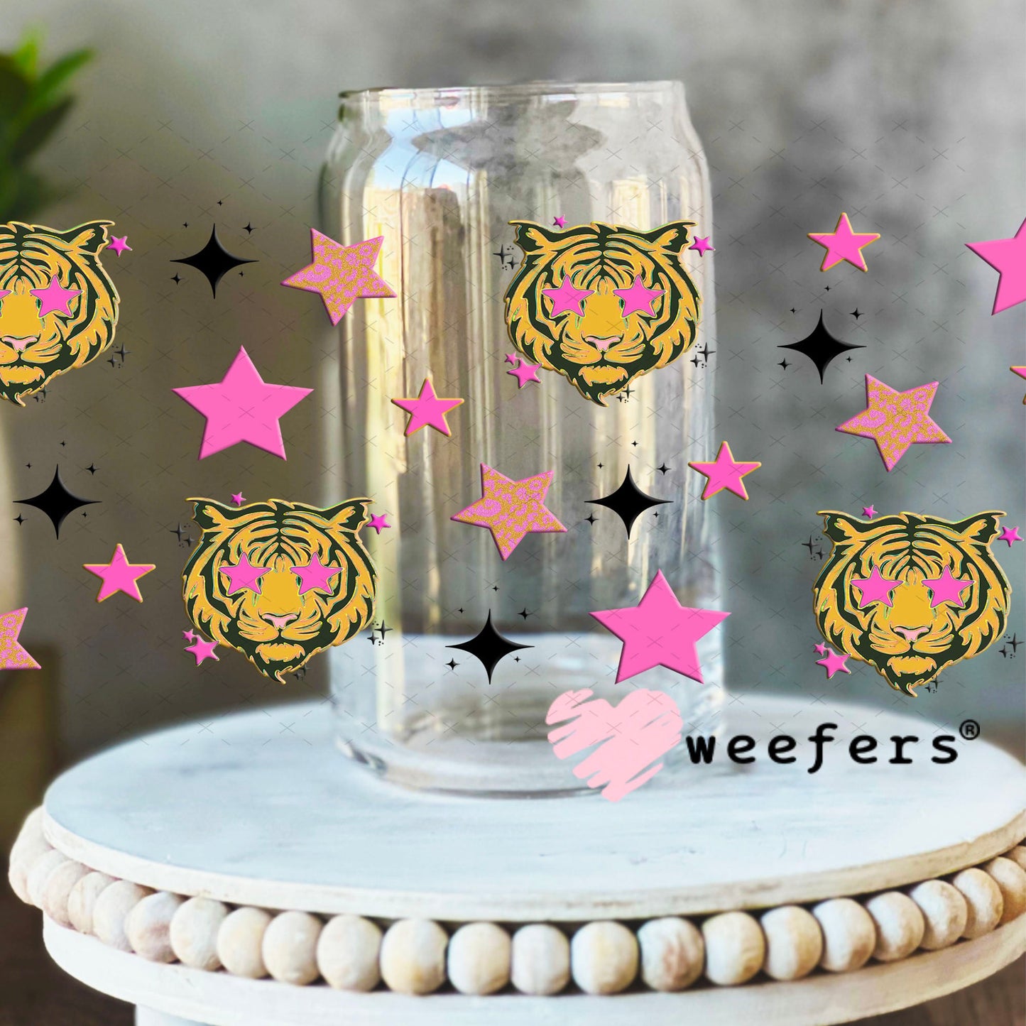 Tiger Blood Pink Star Eyes UV DTF Cup Wrap - Weefers Exclusive 16oz Libbey Glass Original Size Cup Wrap Weefers