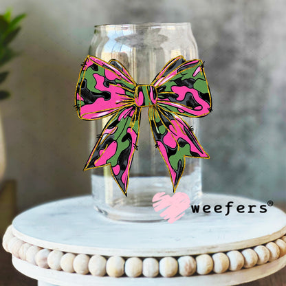 Pink Camo Bow UV DTF Decal 16oz Libbey Glass Original Size Weefers