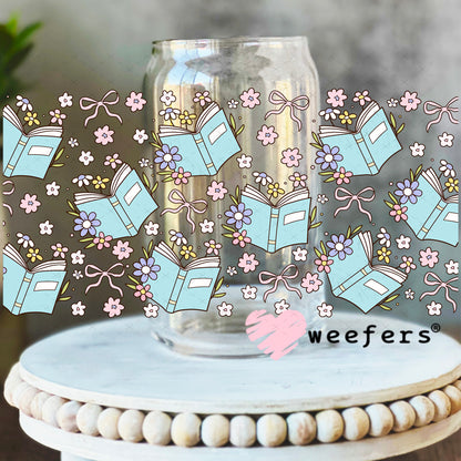 Blue Books and Dainty Flowers UV DTF Cup Wrap 16oz Libbey Glass Original Size Weefers
