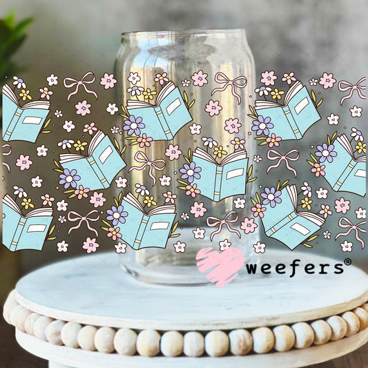 Blue Books and Dainty Flowers UV DTF Cup Wrap 16oz Libbey Glass Original Size Weefers