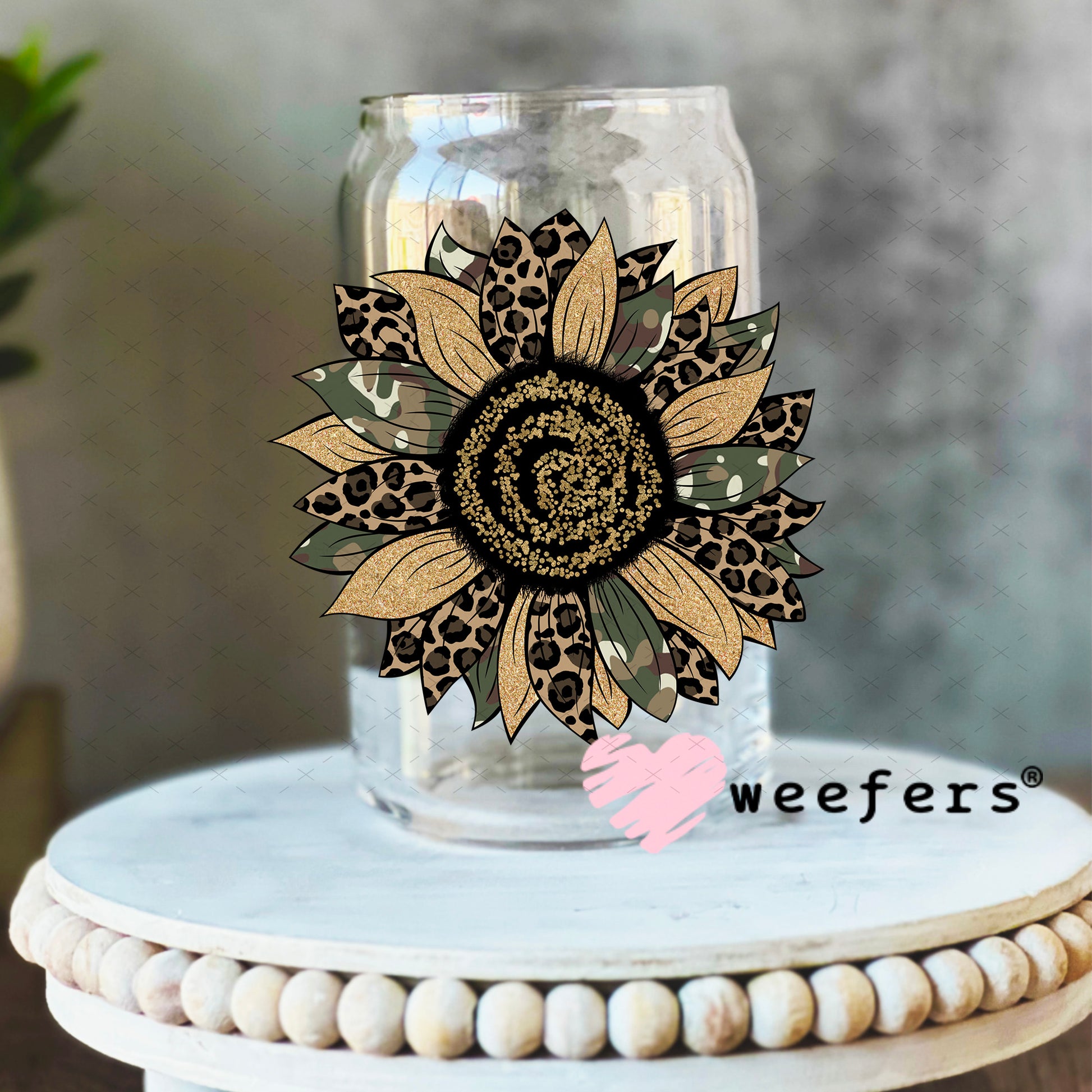 Camo Sunflower UV DTF Decal 16oz Libbey Glass Original Size Weefers
