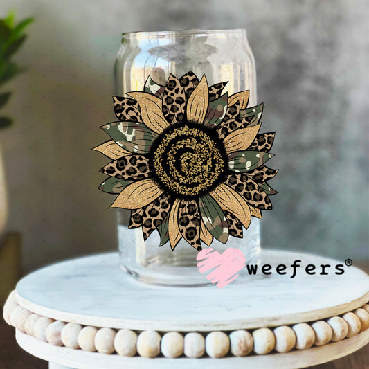 Camo Sunflower UV DTF Decal 16oz Libbey Glass Original Size Weefers