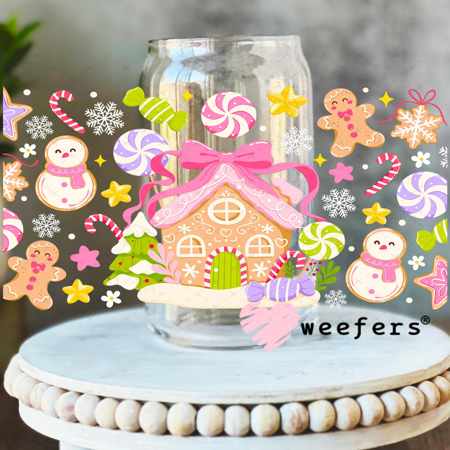 Pastel Gingerbread Christmas UV DTF Cup Wrap 16oz Libbey Glass Original Size Weefers