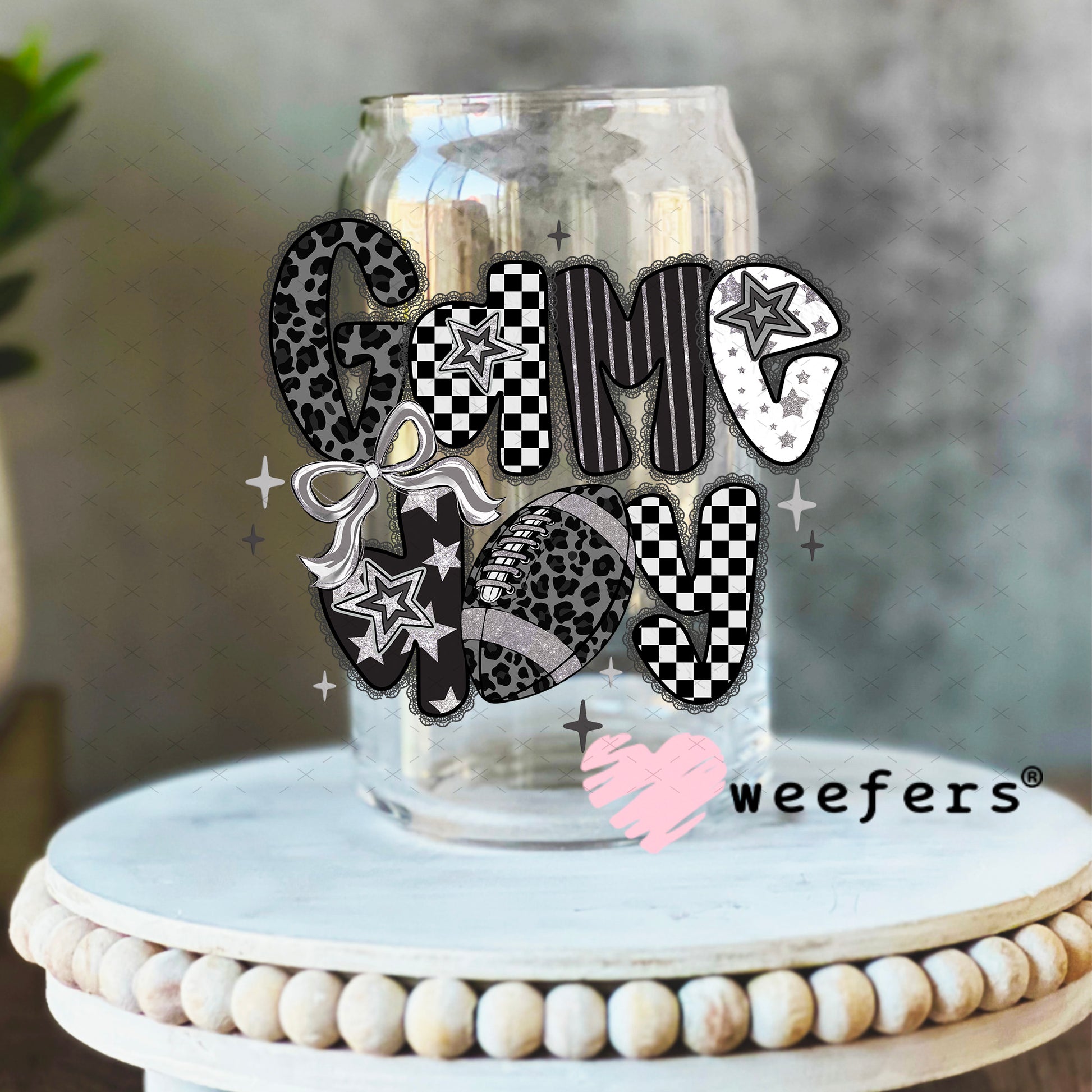 Game Day Black Lace UV DTF Decal 16oz Libbey Glass Original Size Weefers