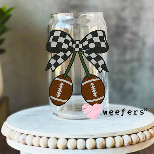 Football Black Checkered Bow UV DTF Decal 16oz Libbey Glass Original Size Weefers