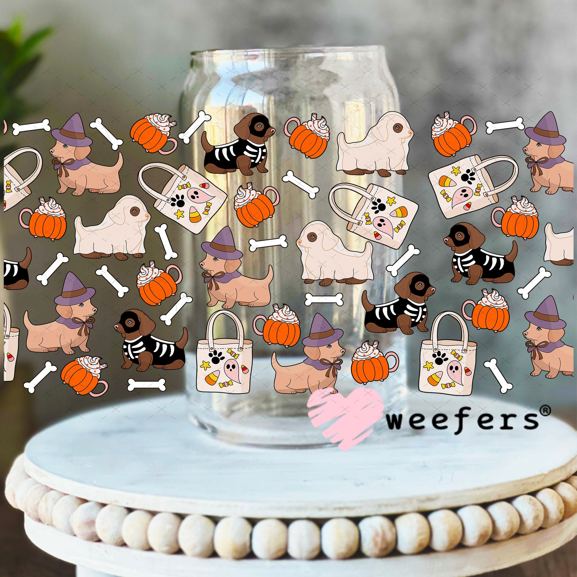 Halloween dog costume friends UV DTF Cup Wrap 16oz Libbey Glass Original Size Weefers