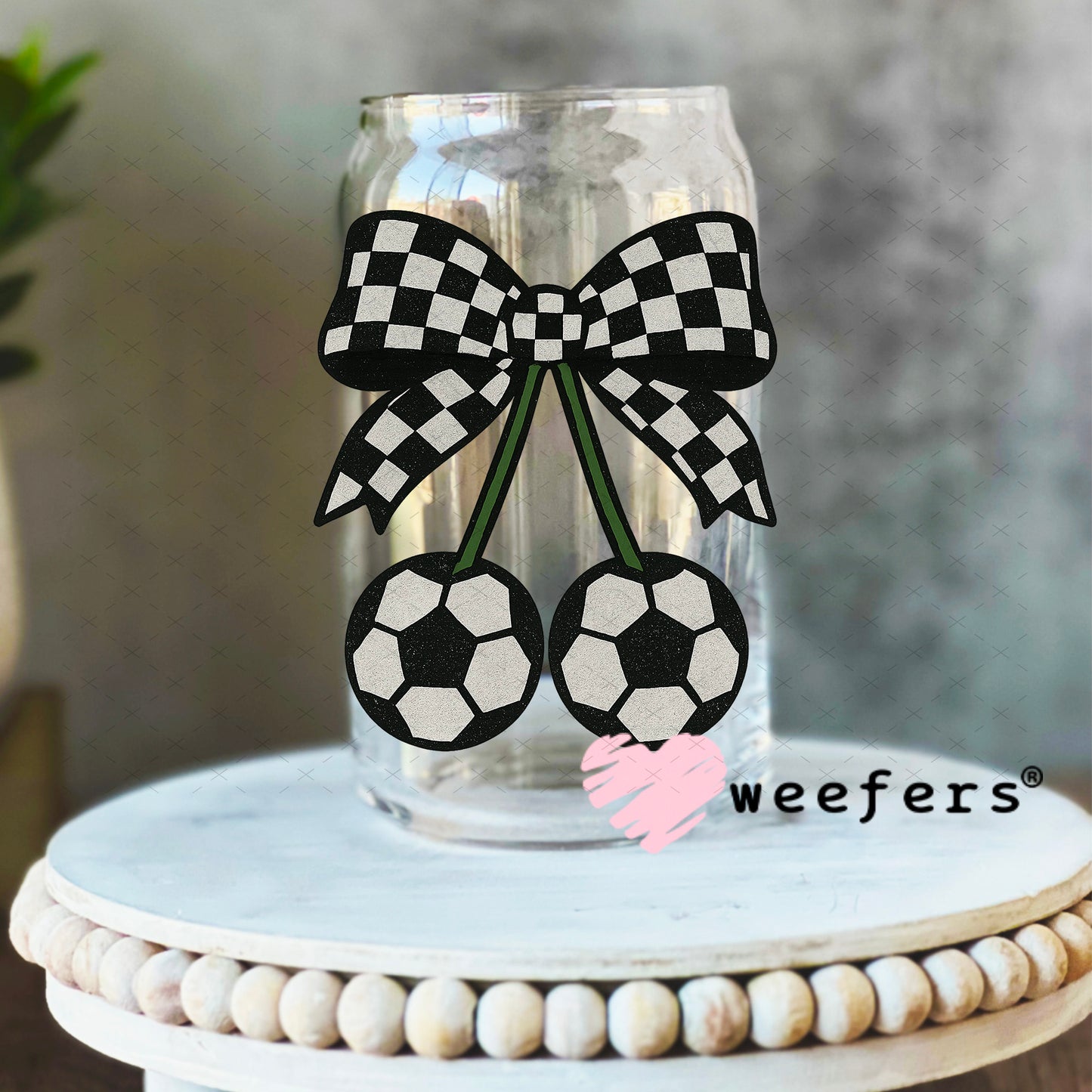 Soccer Cherry Checkered Bow UV DTF Decal 16oz Libbey Glass Original Size Weefers