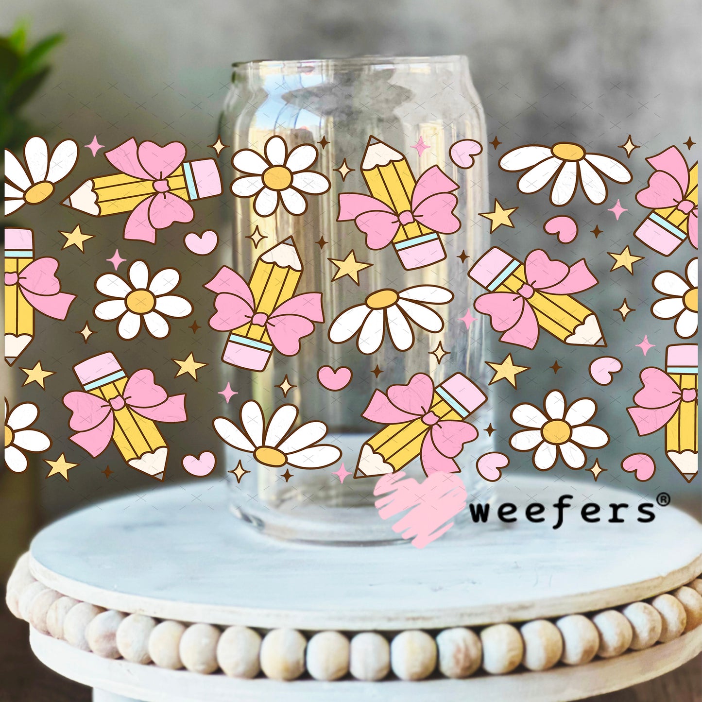 Teacher Coquette Pencils UV DTF Cup Wrap 16oz Libbey Glass Original Size Weefers