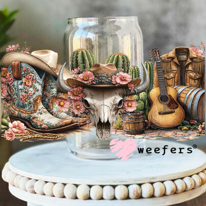 Western Boots and Cow Skull UV DTF Cup Wrap 16oz Libbey Glass Original Size Weefers