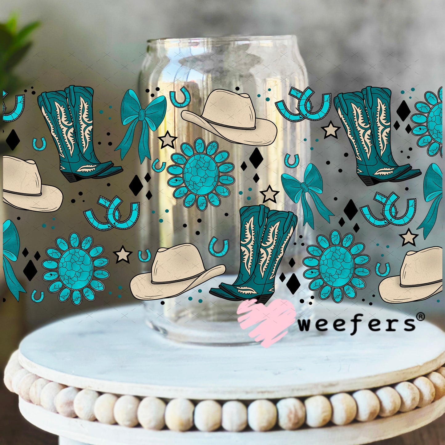 Western Blue Boots and Cowboy Hats UV DTF Cup Wrap 16oz Libbey Glass Original Size Weefers