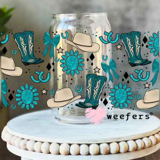 Western Blue Boots and Cowboy Hats UV DTF Cup Wrap 16oz Libbey Glass Original Size Weefers