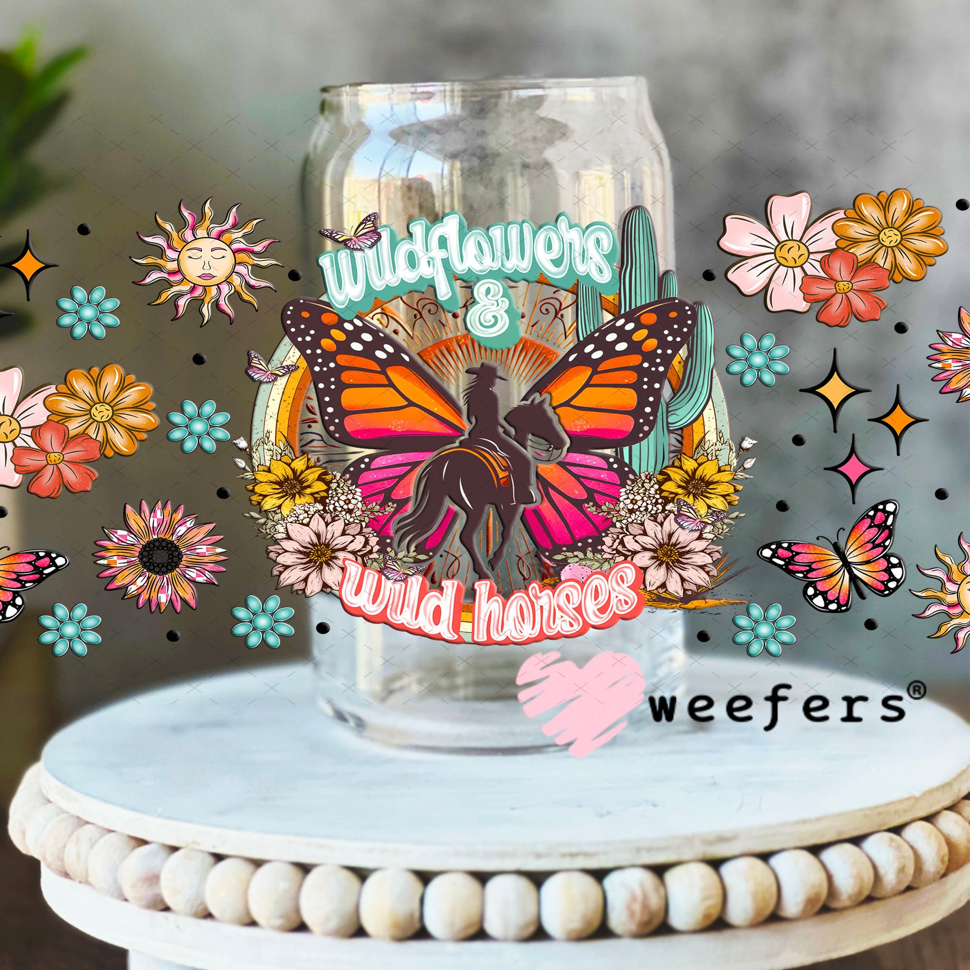 Wild Flowers and Wild Horses UV DTF Cup Wrap - Weefers Exclusive 16oz Libbey Glass Original Size Cup Wrap Weefers