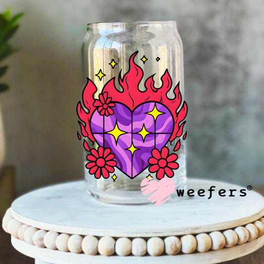 Purple Fire Heart UV DTF Decal 16oz Libbey Glass Original Size Weefers