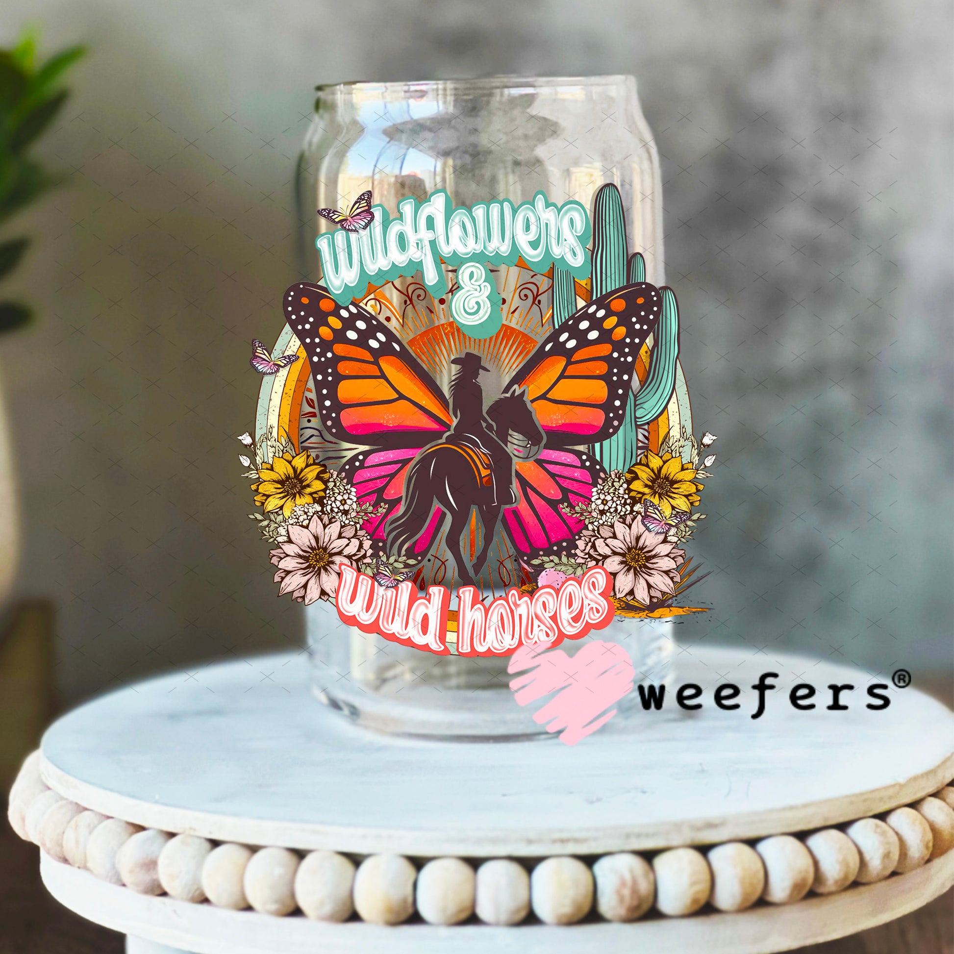 Wildflowers and Wild Horses UV DTF Decal 16oz Libbey Glass Original Size Weefers