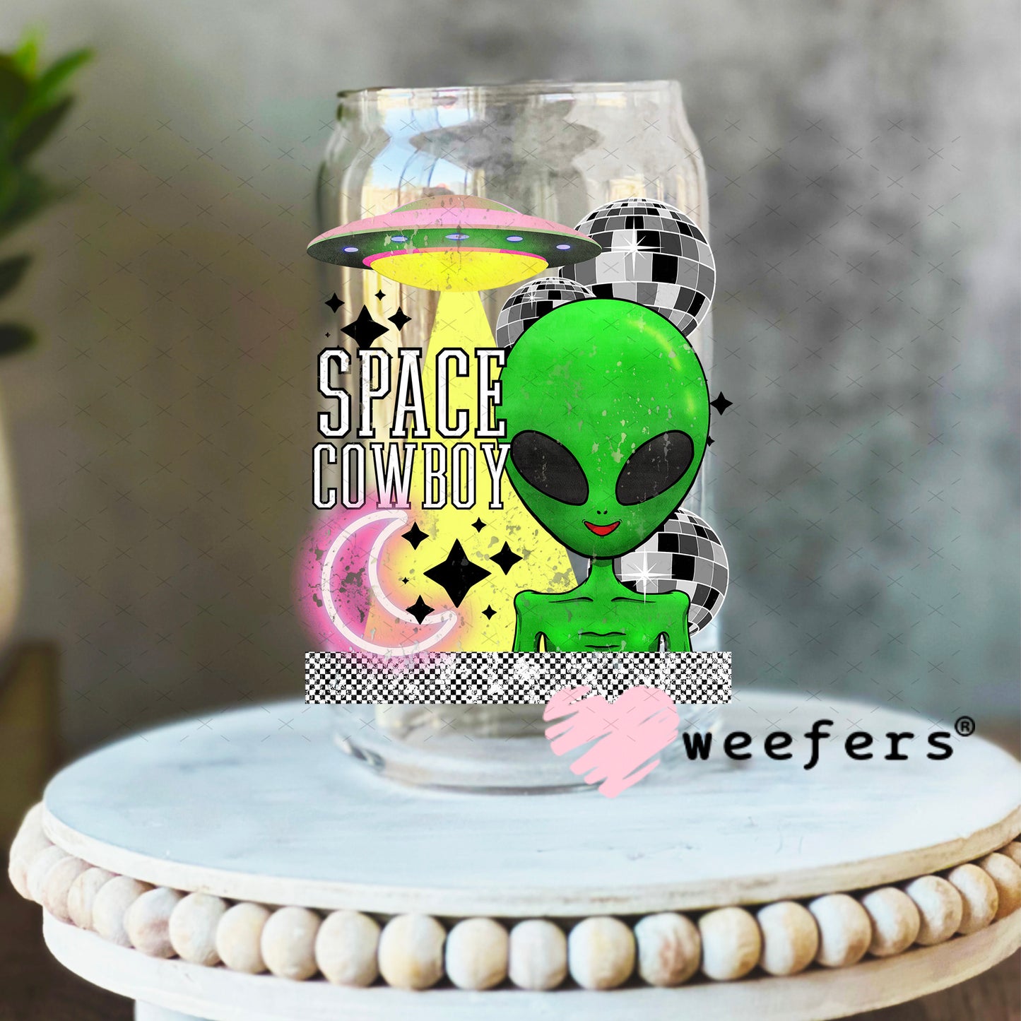 Space Cowboy UV DTF Decal 16oz Libbey Glass Original Size Weefers