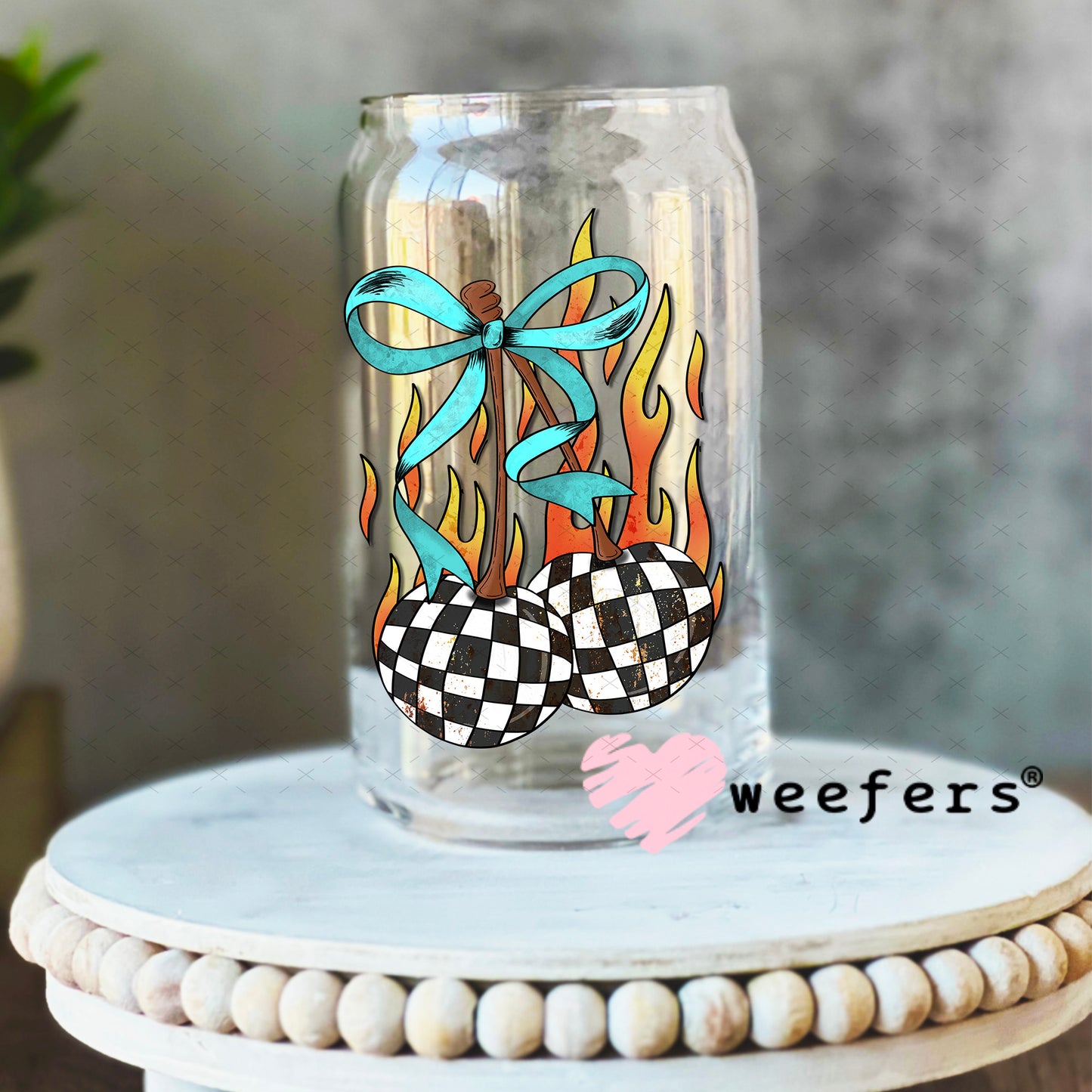Checkered Cherries with Teal Bow UV DTF Decal 16oz Libbey Glass Original Size Weefers
