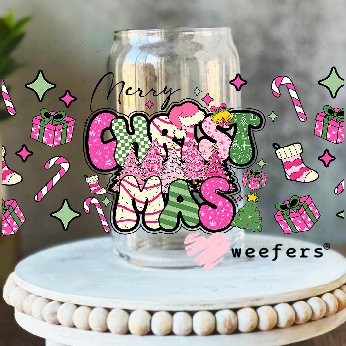 Merry Christmas UV DTF Cup Wrap - Weefers Exclusive 16oz Libbey Glass Original Size Weefers