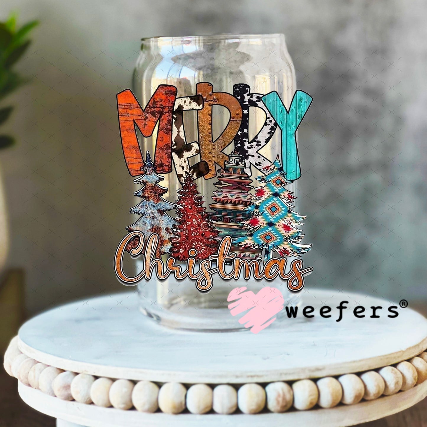 Western Merry Christmas UV DTF Decal 16oz Libbey Glass Original Size Weefers