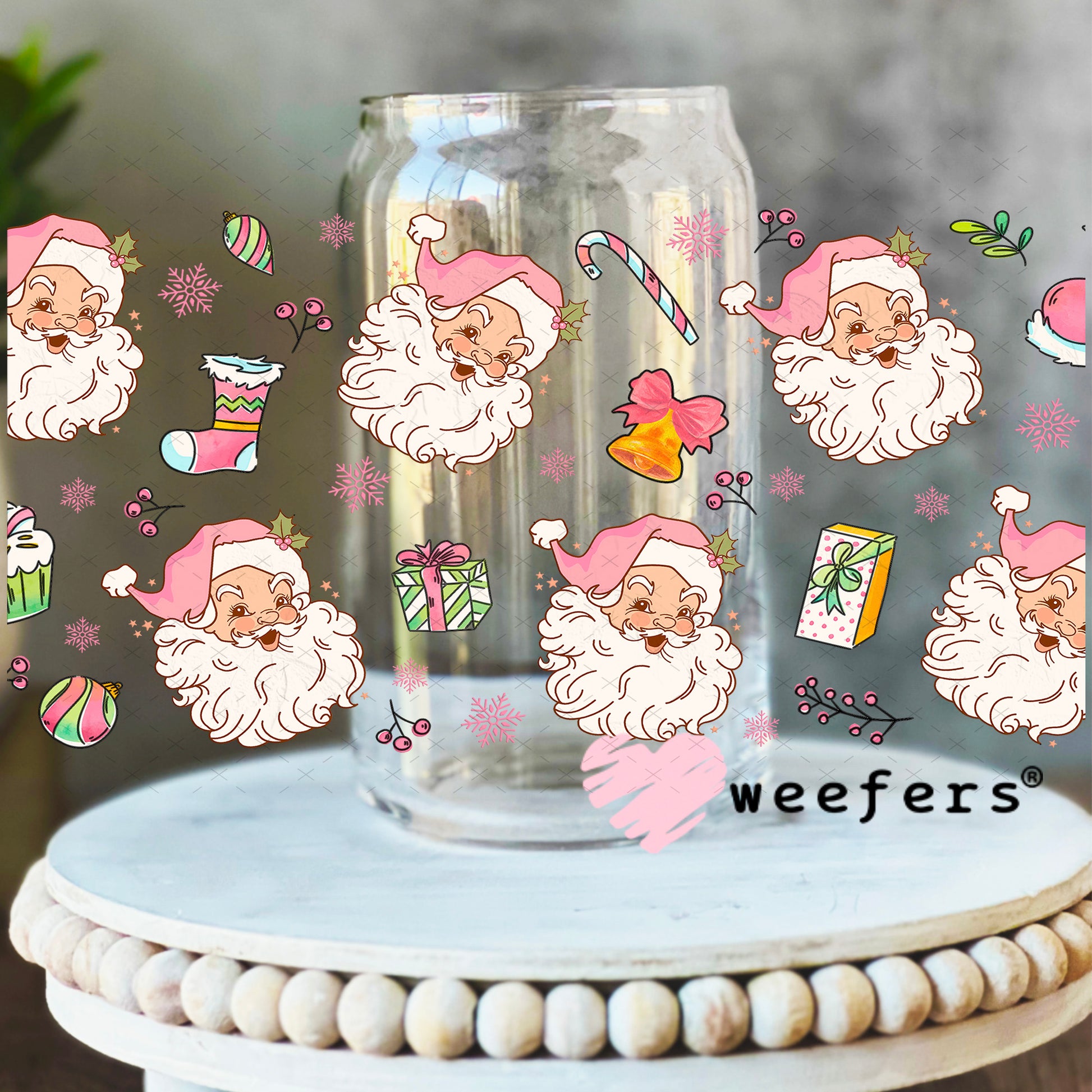 Retro Christmas Pink Santa UV DTF Cup Wrap 16oz Libbey Glass Original Size Weefers
