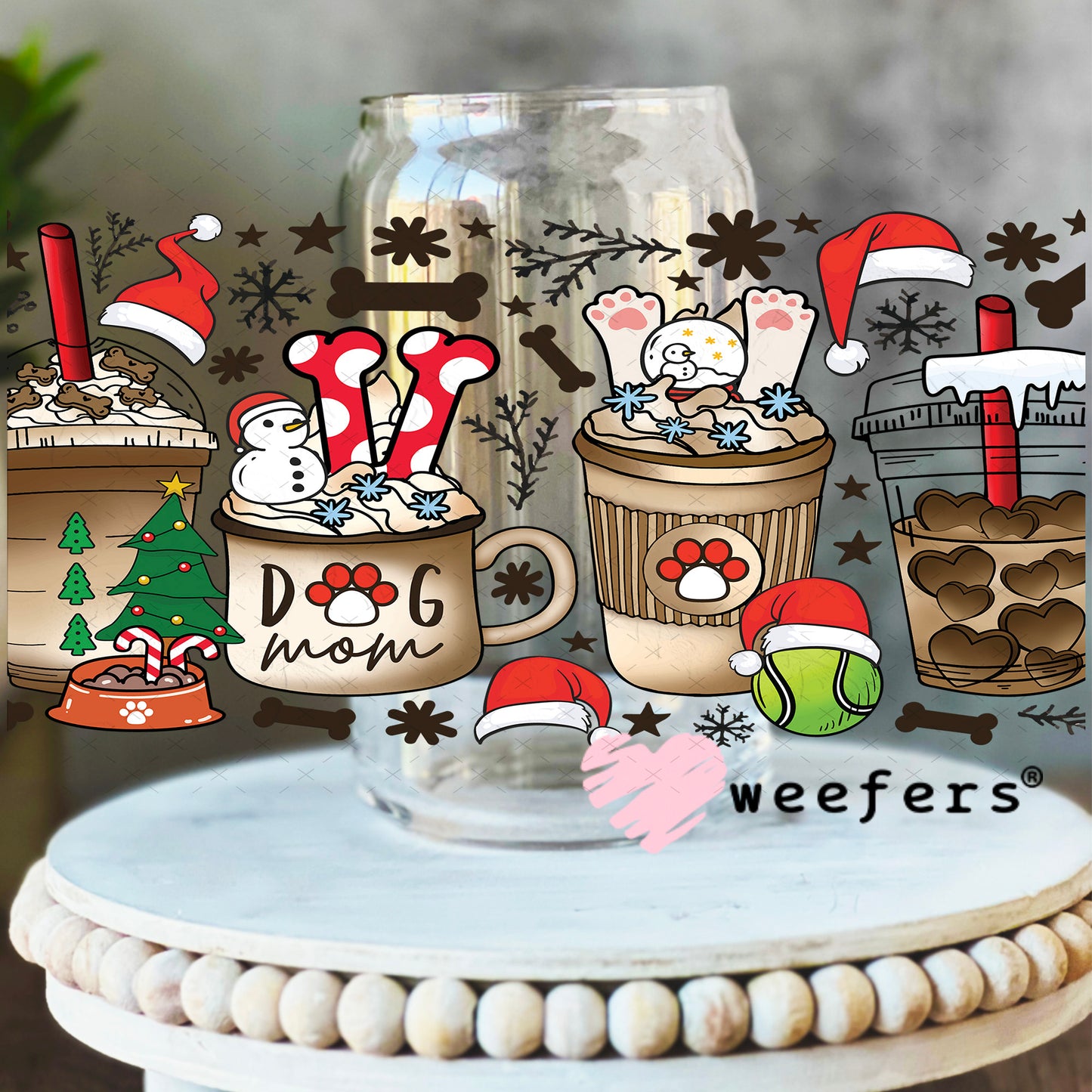 Christmas Coffee Dog Mom UV DTF Cup Wrap 16oz Libbey Glass Original Size Weefers