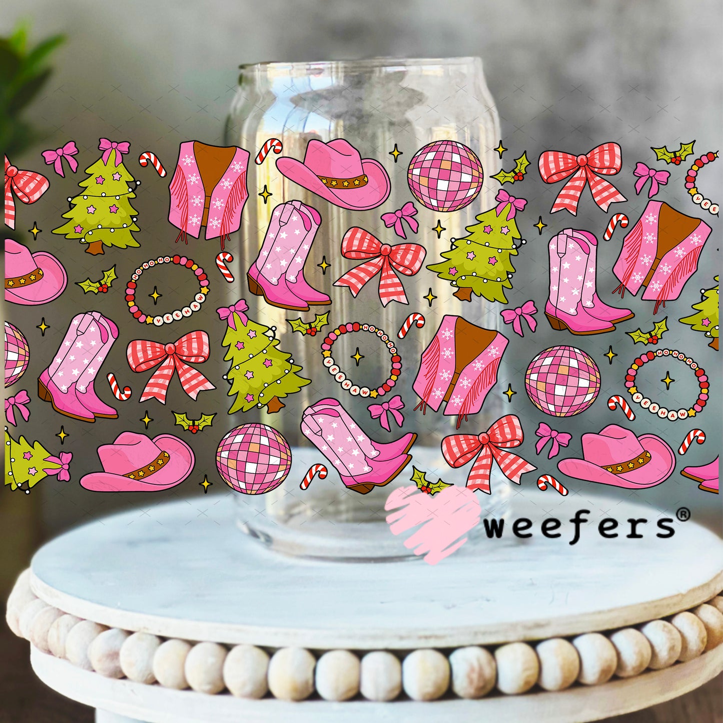 Pink Western Christmas UV DTF Cup Wrap 16oz Libbey Glass Original Size Weefers