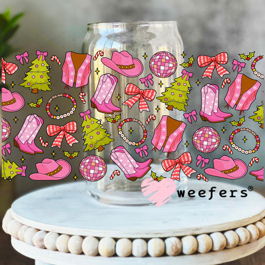 Pink Western Christmas UV DTF Cup Wrap 16oz Libbey Glass Original Size Weefers