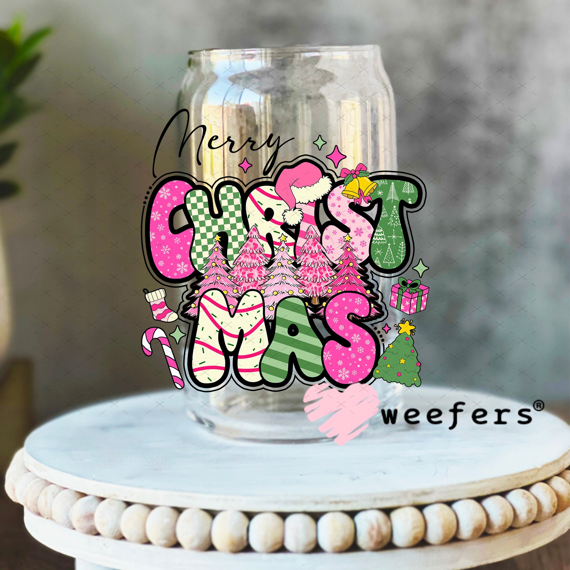 Merry Christmas UV DTF Decal 16oz Libbey Glass Original Size Weefers