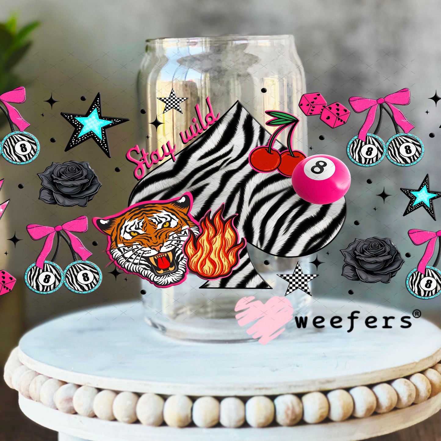 Stay Wild Zebra Heart UV DTF Cup Wrap - Weefers® Exclusive 16oz Libbey Glass Original Size Cup Wrap Weefers