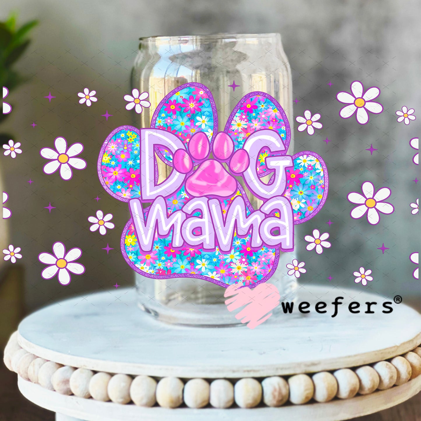 Purple Dog Mama Paw UV DTF Cup Wrap - Weefers Exclusive 16oz Libbey Glass Original Size Weefers
