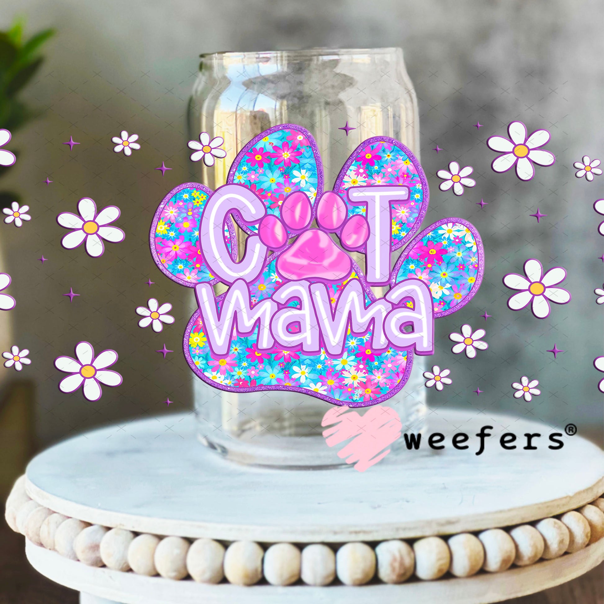 Purple Cat Mama Paw UV DTF Cup Wrap - Weefers® Exclusive 16oz Libbey Glass Original Size Cup Wrap Weefers