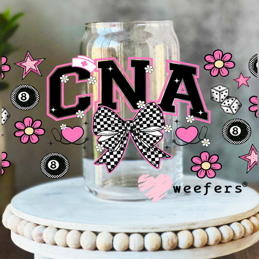 CNA Pink and Black Checkered UV DTF Cup Wrap - Weefers Exclusive 16oz Libbey Glass Original Size Weefers