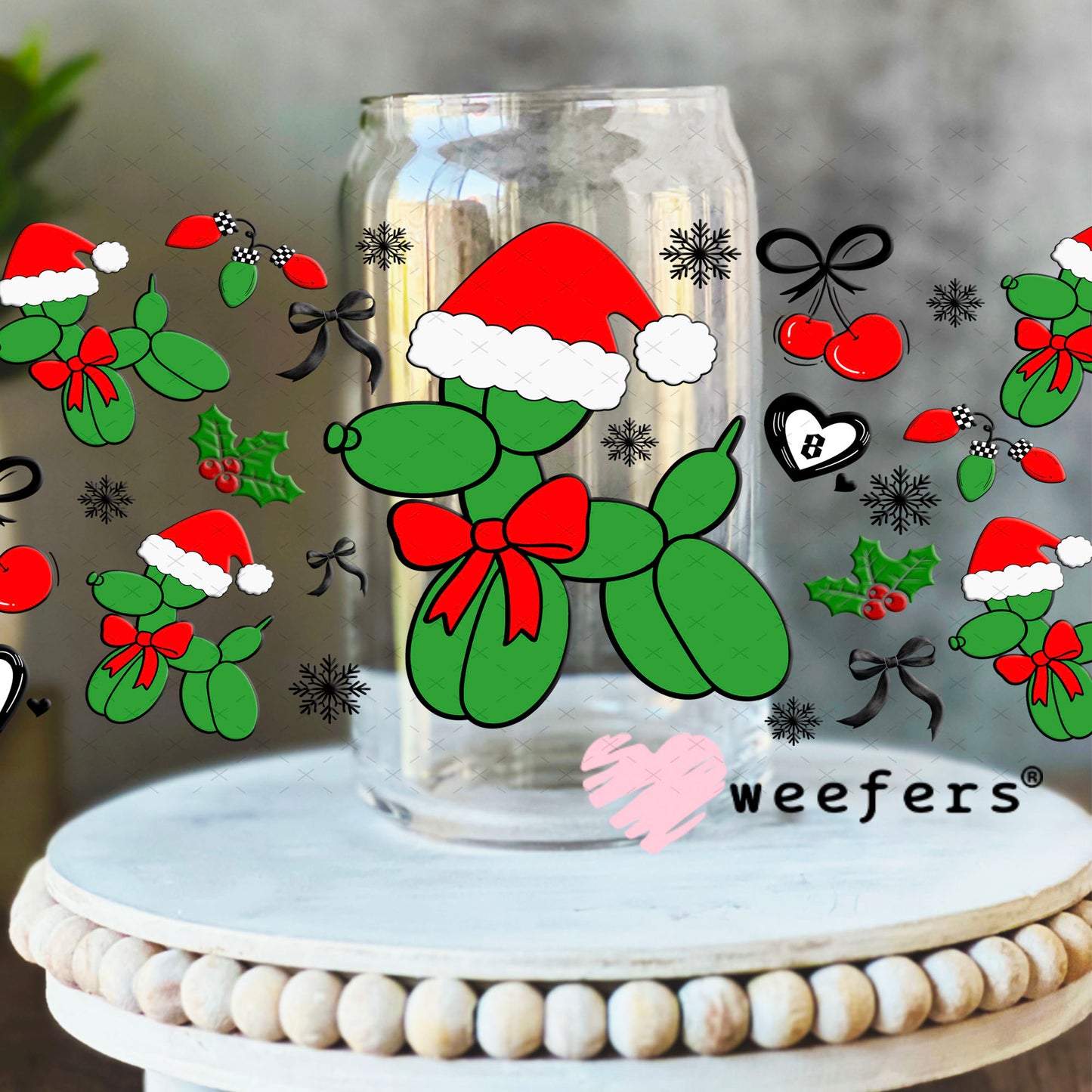 Christmas Santa Balloon Dog UV DTF Cup Wrap - Weefers Exclusive 16oz Libbey Glass Original Size Cup Wrap Weefers