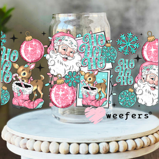 Ho Ho Ho Vintage Pink and Teal Santa UV DTF Cup Wrap 16oz Libbey Glass Original Size Weefers