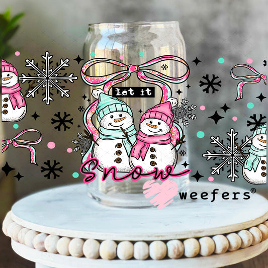 Let it Snow Pink and Blue Snowmen UV DTF Cup Wrap 16oz Libbey Glass Original Size Weefers