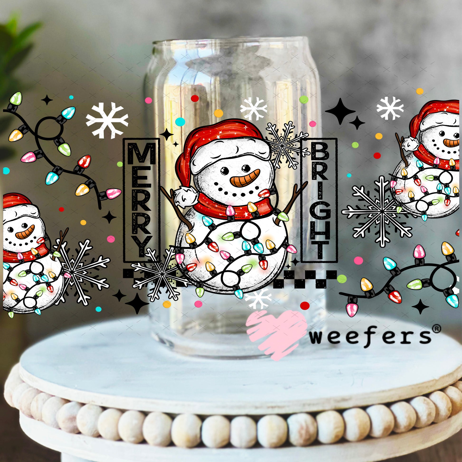Merry Bright Tangled Lights Snowman UV DTF Cup Wrap 16oz Libbey Glass Original Size Weefers