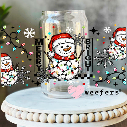 Merry Bright Tangled Lights Snowman UV DTF Cup Wrap 16oz Libbey Glass Original Size Weefers