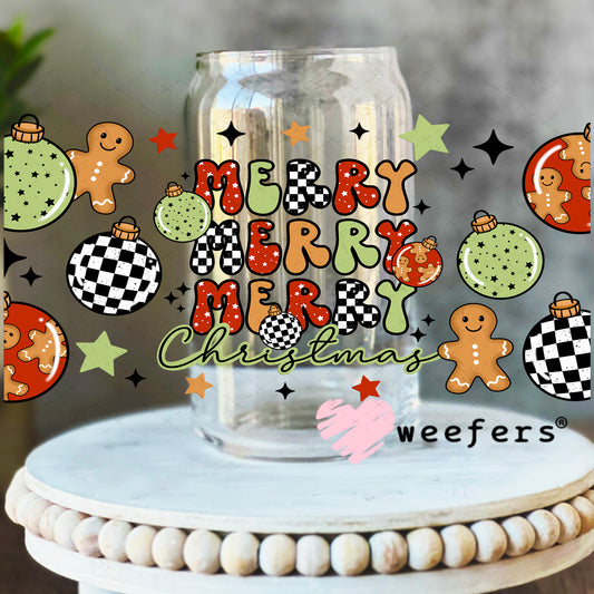 Merry Merry Merry Christmas Gingerbread and Christmas Balls UV DTF Cup Wrap 16oz Libbey Glass Original Size Weefers