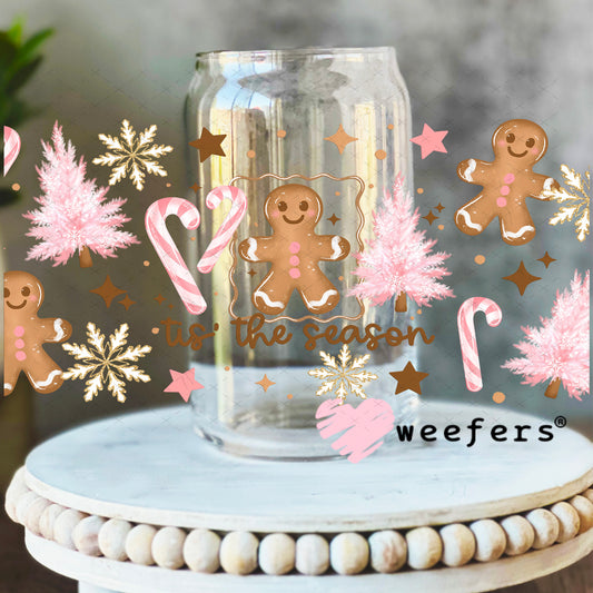 Tis the Season Pink Christmas Gingerbread and Trees UV DTF Cup Wrap 16oz Libbey Glass Original Size Weefers