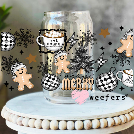 Black and White Checkered Christmas Gingerbread UV DTF Cup Wrap 16oz Libbey Glass Original Size Weefers