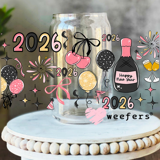 2026 New Years Pink Gold UV DTF Cup Wrap - Weefers Exclusive 16oz Libbey Glass Original Size Weefers