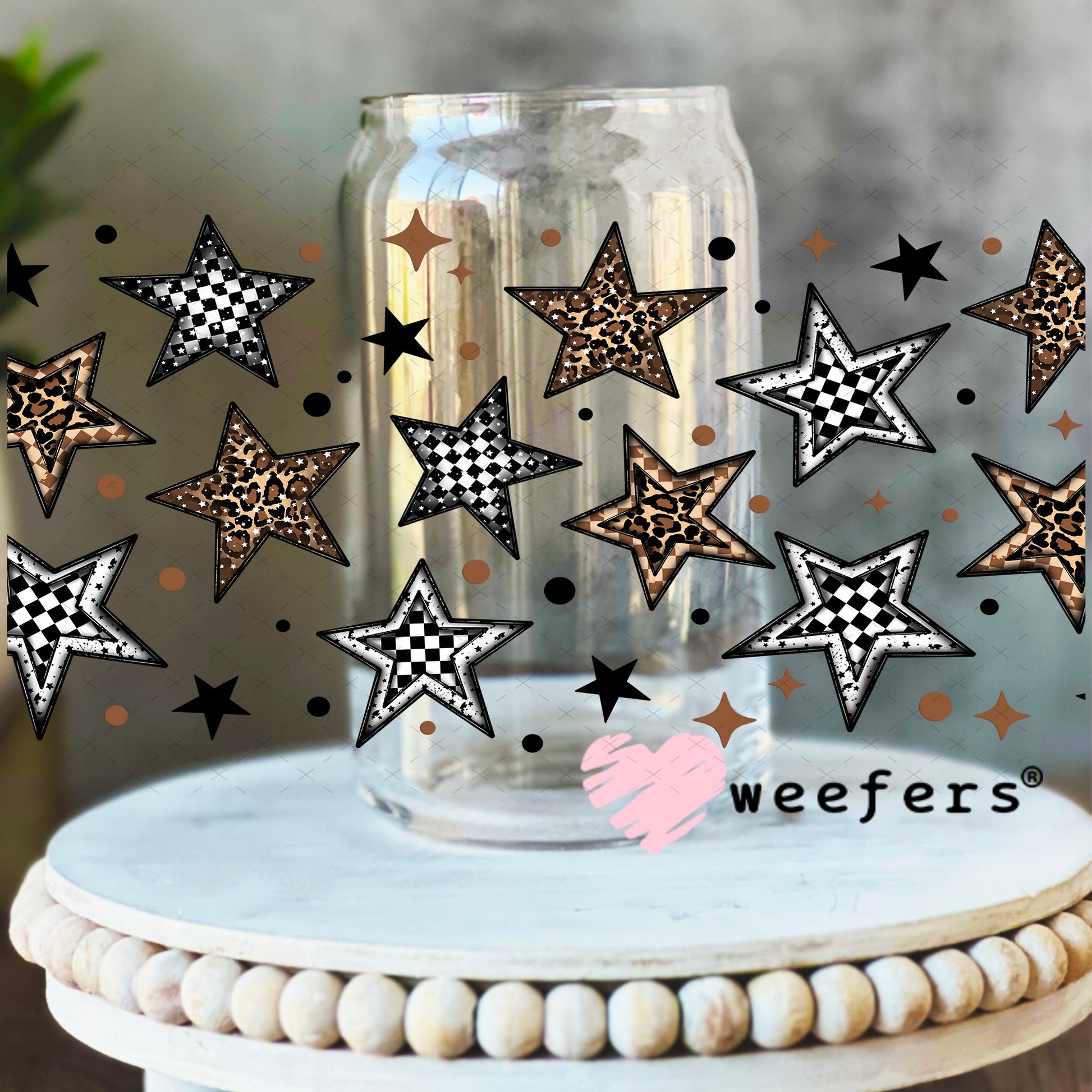 Brown and Black Stars UV DTF Cup Wrap 16oz Libbey Glass Original Size Weefers