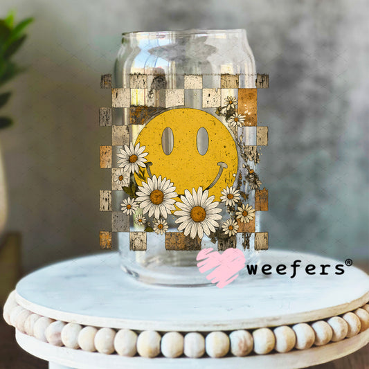 Smile Face Grunge Blocks Flowers UV DTF Decal 16oz Libbey Glass Original Size Weefers