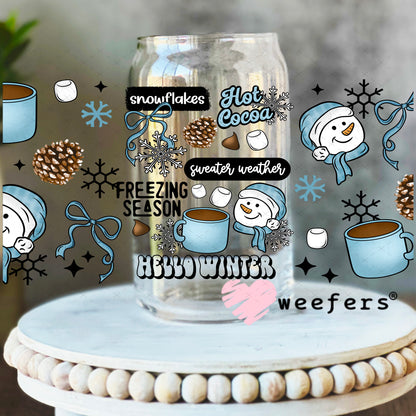 Hello Winter Blue Smiley Snowmen UV DTF Cup Wrap 16oz Libbey Glass Original Size Weefers