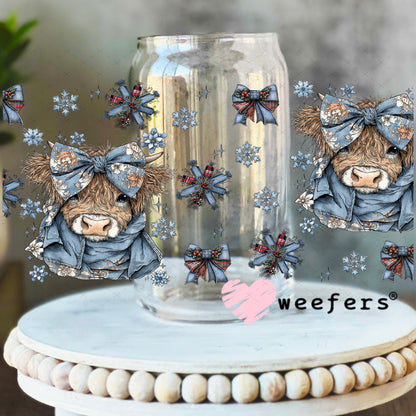 UV DTF Cup Wrap – Blue Christmas Highland Cow - Weefers Exclusive 16oz Libbey Glass Original Size Weefers