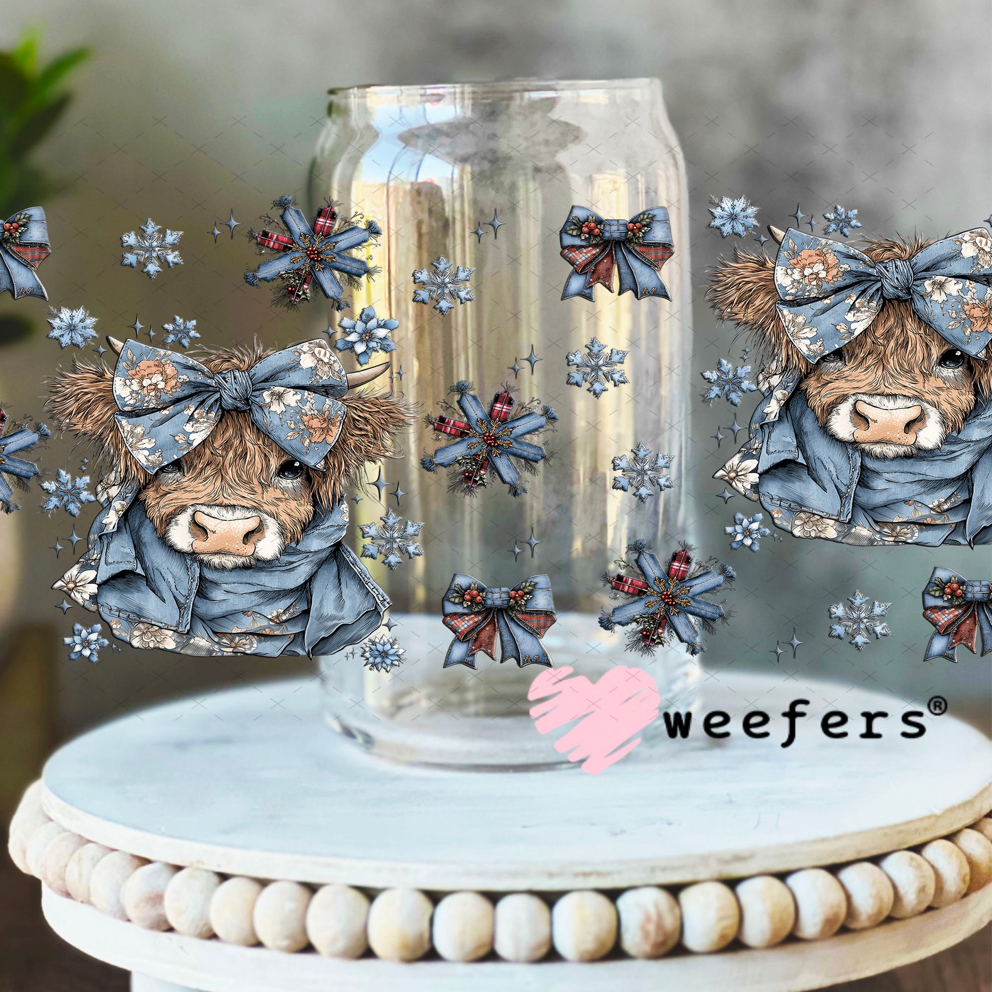 UV DTF Cup Wrap – Blue Christmas Highland Cow - Weefers Exclusive 16oz Libbey Glass Original Size Cup Wrap Weefers