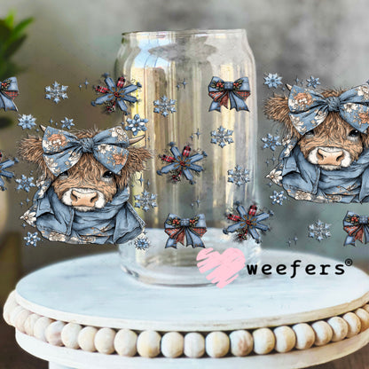 UV DTF Cup Wrap – Blue Christmas Highland Cow - Weefers Exclusive 16oz Libbey Glass Original Size Cup Wrap Weefers