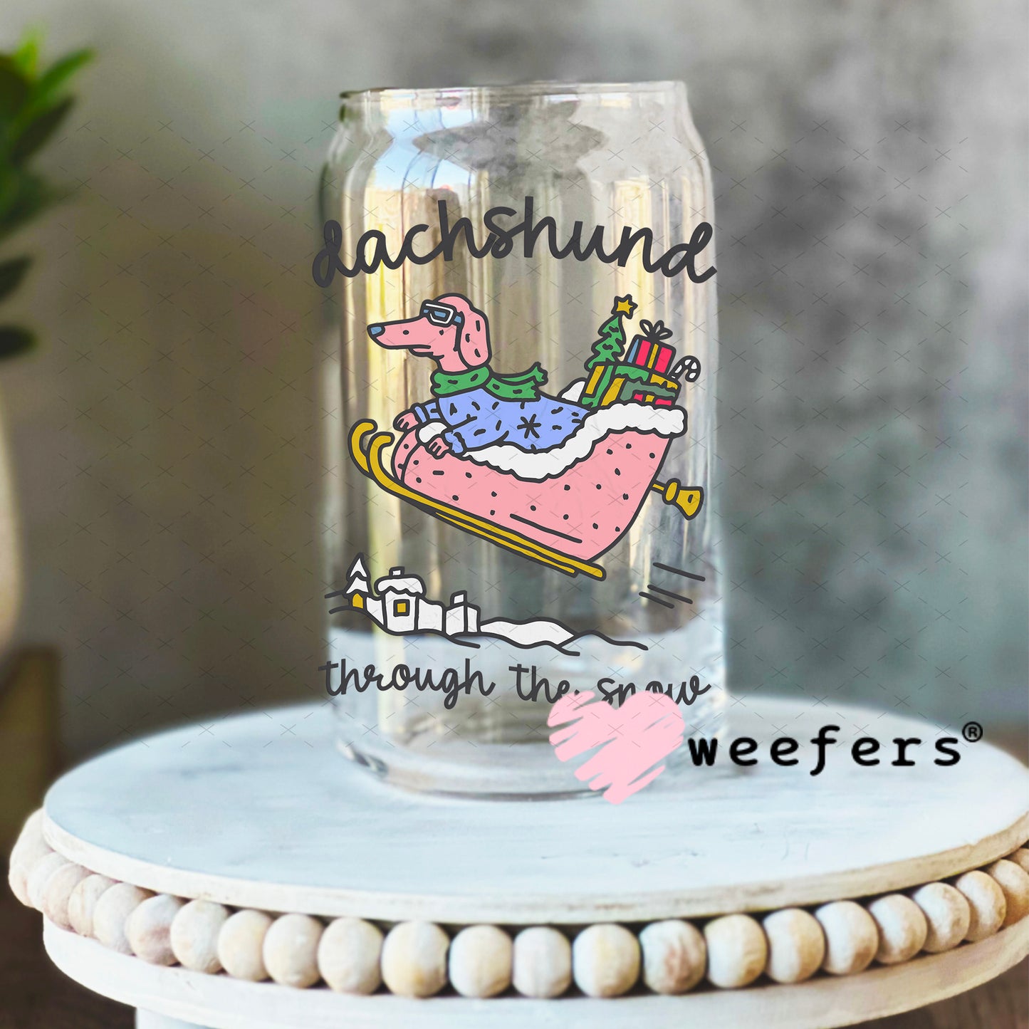 UV DTF Decal - Dachshund Through The Snow 16oz Libbey Glass Original Size Weefers